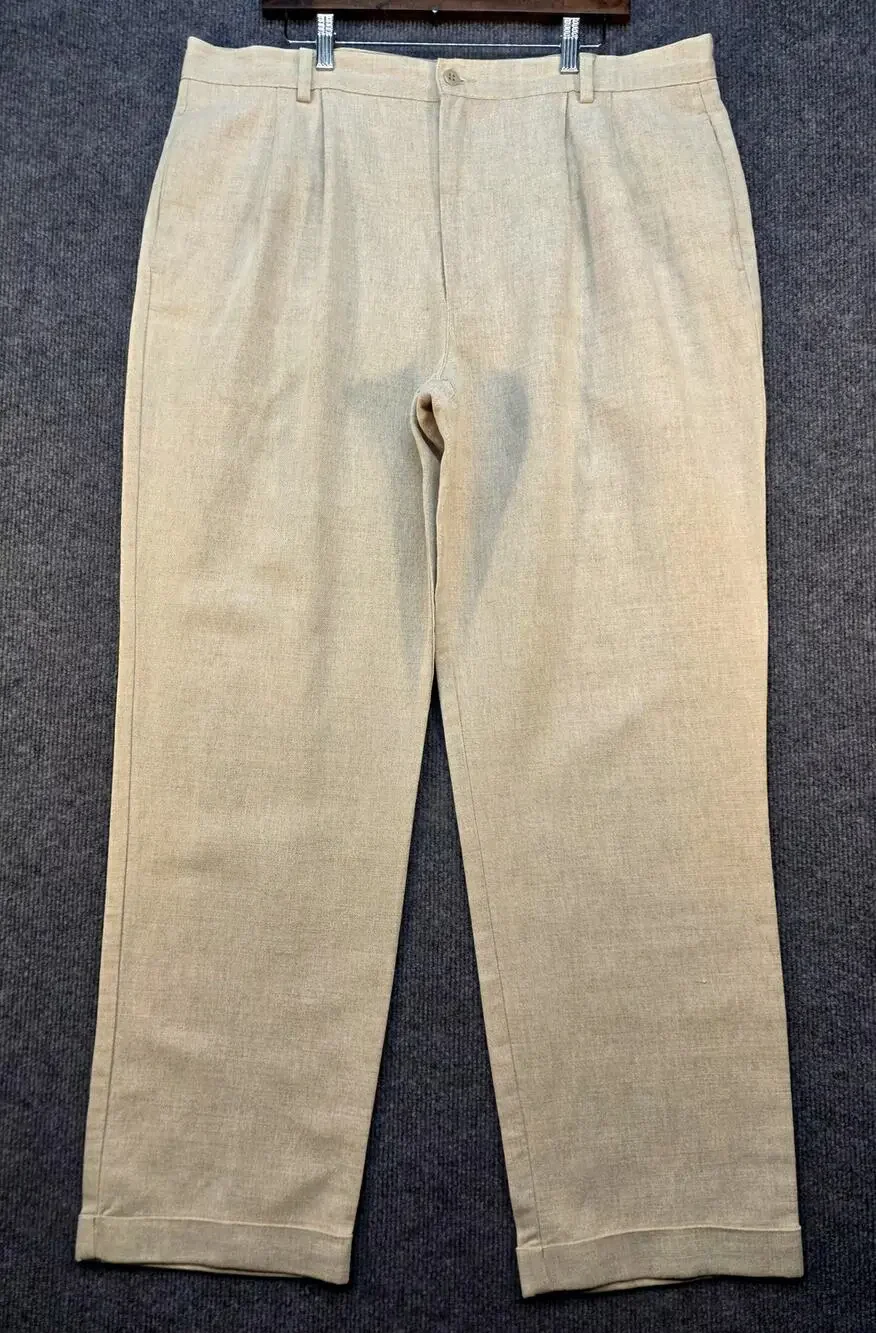 Dockers No Wrinkle Linen Pants Men 40x32 Tan Classic Fit Pleated Cuffed Preppy